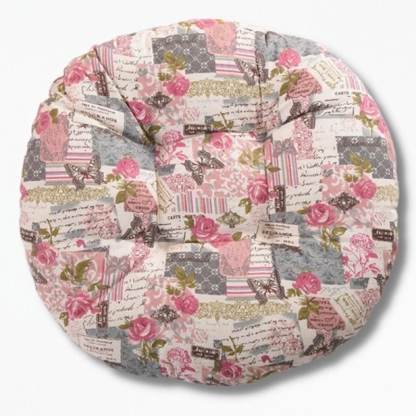 Coussin de Sol Rond Motif Patchwork Romantique - Rose et Gris