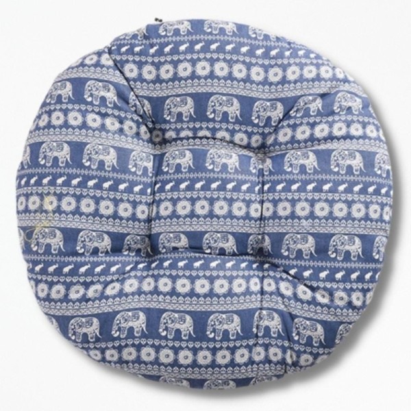 Coussin de Sol Rond Motif Éléphants - Bleu et Blanc 45x45