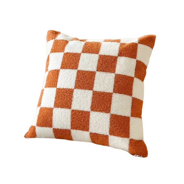 Coussin décoratif à carreaux orange et blanc